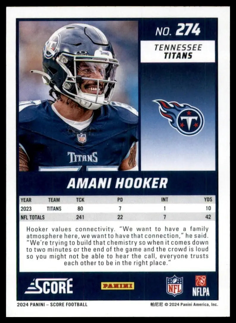 2024 Score Amani Hooker #274 Tennessee Titans Football Card NFL Sports - Football Card