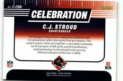 Football card featuring C J Stroud Celebration from Houston Texans trading cards 2024 Score