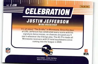 Justin Jefferson football card featuring Justin Jefferson Celebration from 2024 Score