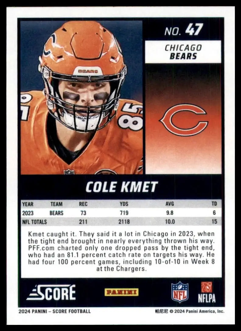 Football card featuring Cole Kmet of the Chicago Bears with 2023 stats and NFL totals