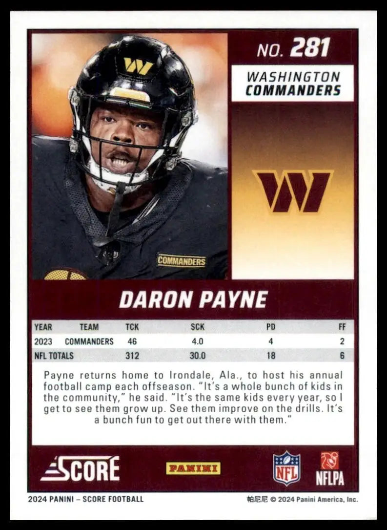 2024 Score Daron Payne football card featuring stats and biography Washington Commanders