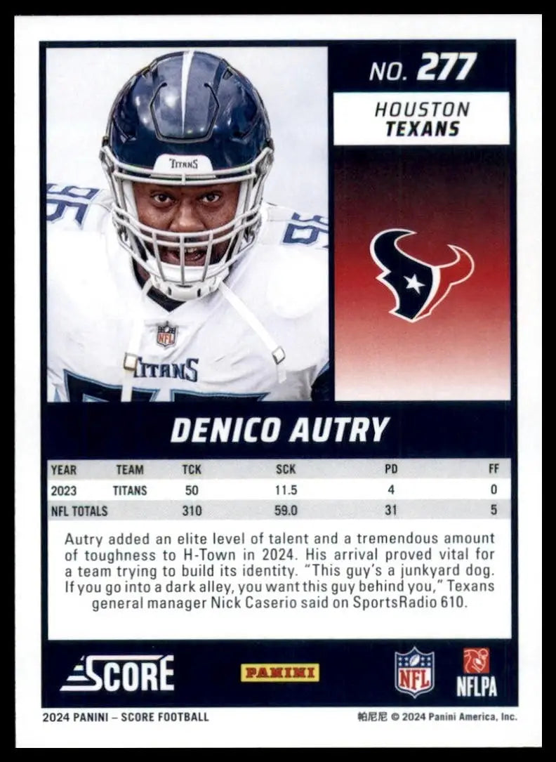 2024 Panini Score Football trading card of Denico Autry Houston Texans NFL player