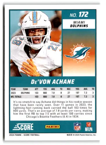2024 Score Green #172 De’Von Achane NM-MT Dolphins original gloss football card