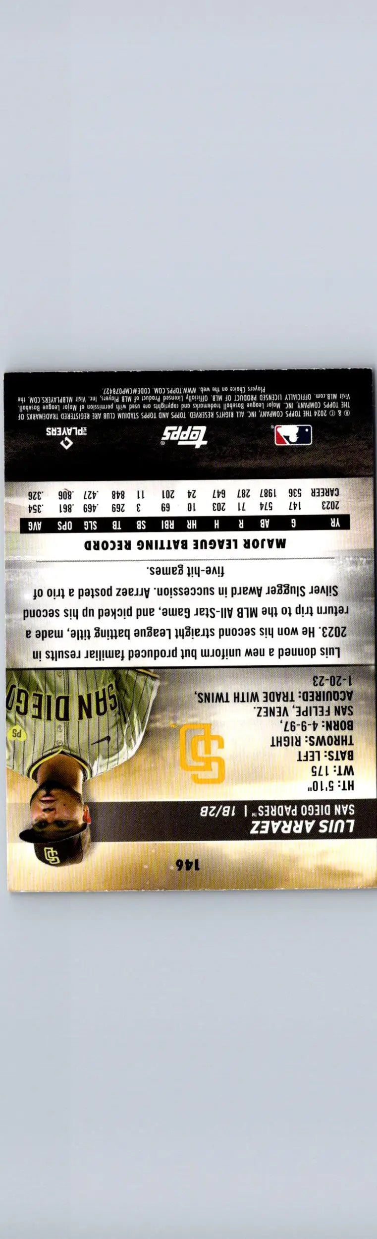 Baseball card featuring Luis Arraez Red Foil from 2024 Stadium Club #146