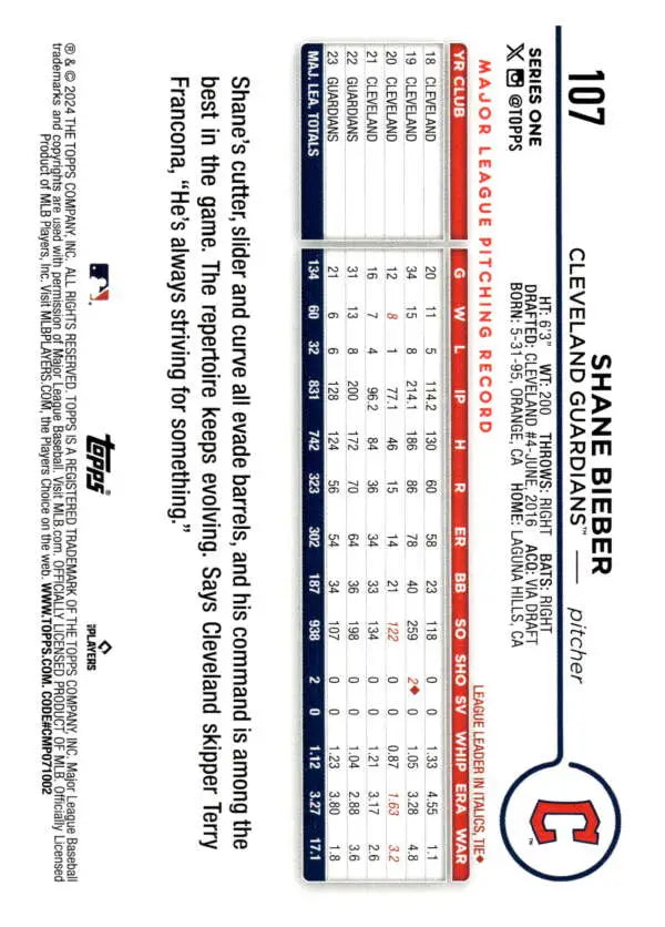 2024 Topps #107 Shane Bieber Baseball Card showcasing Cleveland Guardians player stats