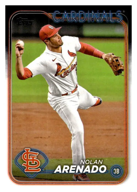 Nolan Arenado in white St. Louis Cardinals uniform throwing ball for baseball card