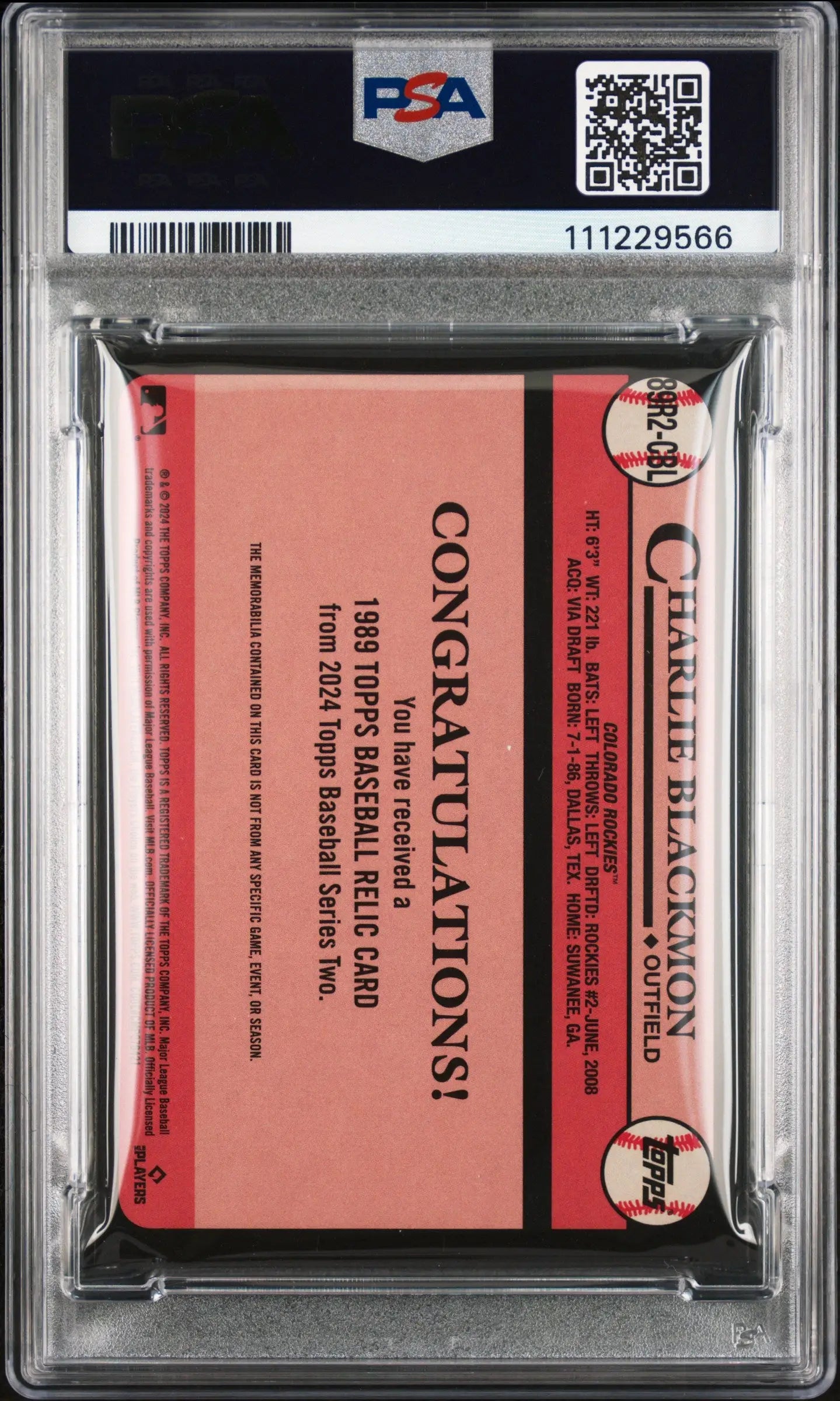 Graded Charlie Blackmon 89R2CBL Topps Baseball Relics card from 2024 Topps Series 2