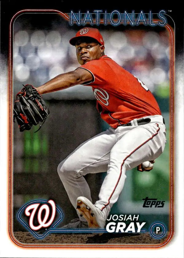 Baseball card of Josiah Gray pitching for Washington Nationals in red jersey