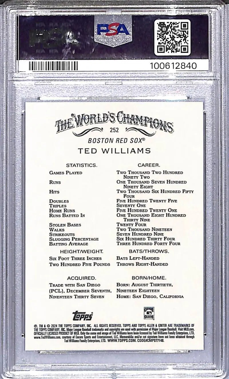 Graded Ted Williams baseball card Boston Red Sox GEM MINT 2024 Topps Allen & Ginter