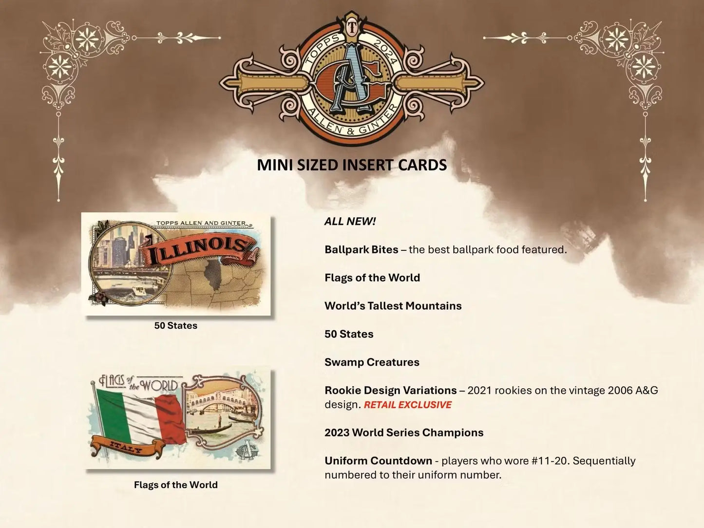 Mini-sized insert cards from 2024 Topps Allen & Ginter Baseball blaster box featuring base cards