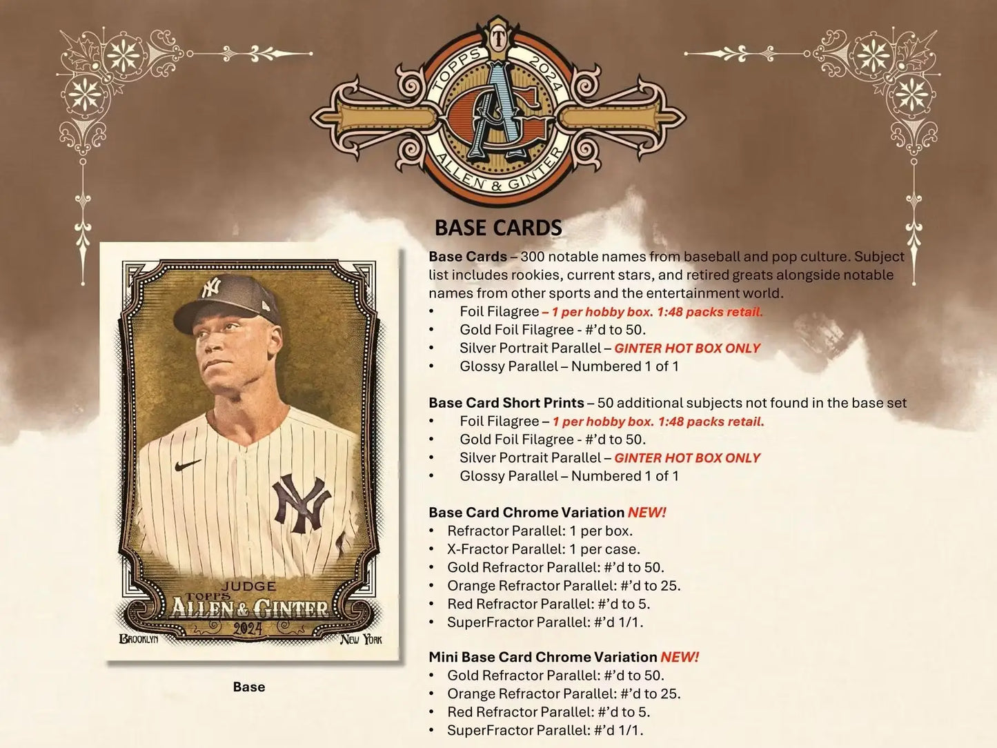 Baseball card product info for 2024 Topps Allen & Ginter Blaster Box featuring base card and refractor parallel