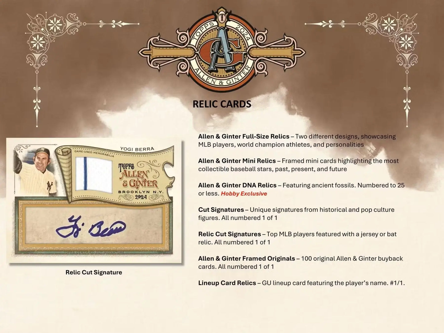 Yogi Berra relic and cut signature card in 2024 Topps Allen & Ginter baseball blaster
