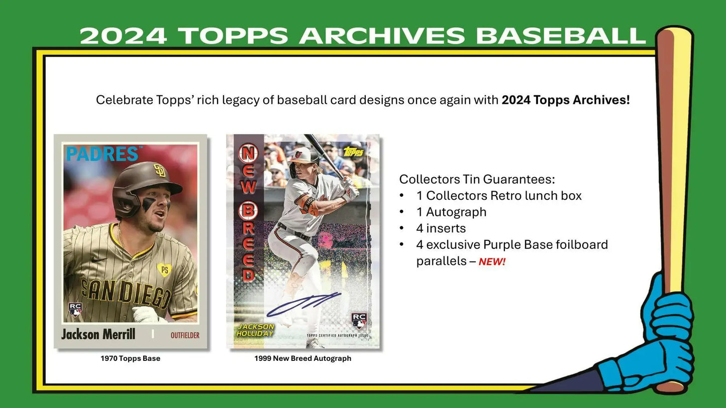 2024 Topps Archives Baseball Collector Box with serial numbered parallels and tin