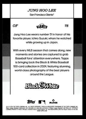 Baseball card back featuring Jung Hoo Lee from 2024 Topps Black & White #78