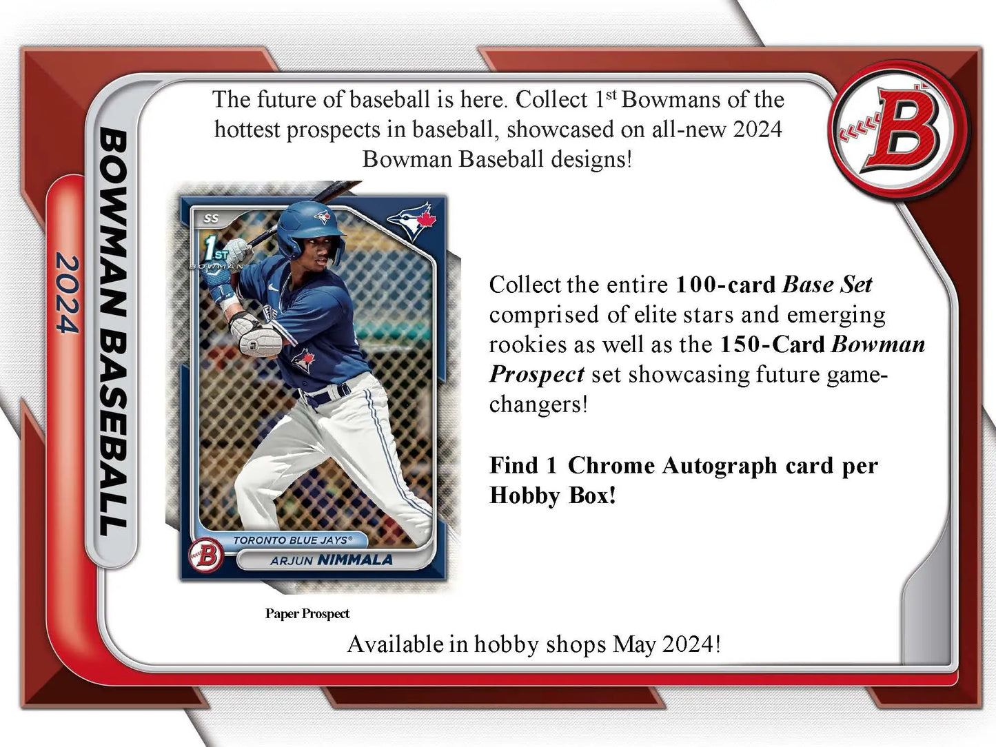 Promotional flyer for 2024 Bowman Baseball trading cards in Topps Bowman Baseball hobby pack