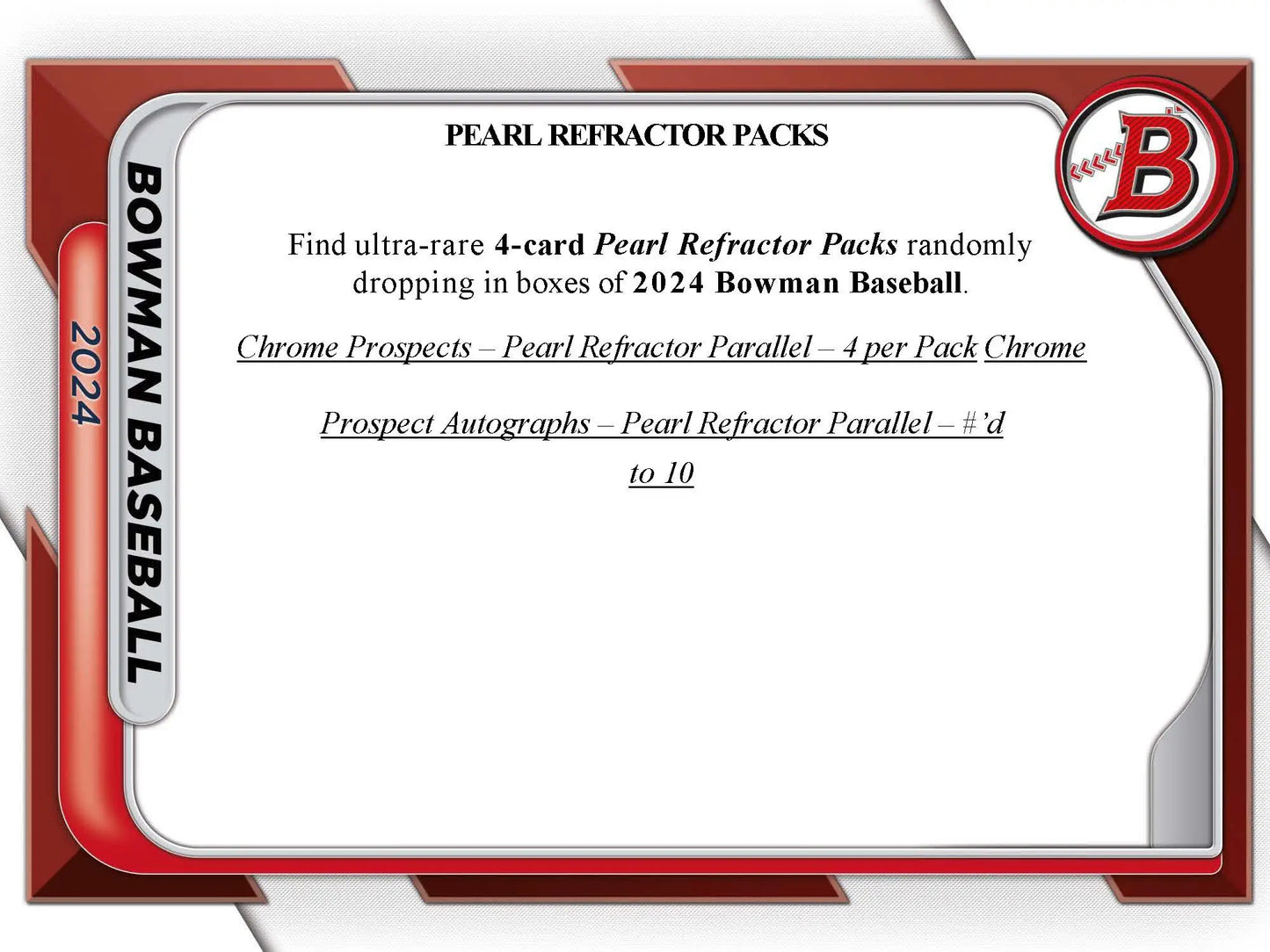 Promotional card for Pearl Refractor Packs in 2024 Topps Bowman Baseball Hobby Pack