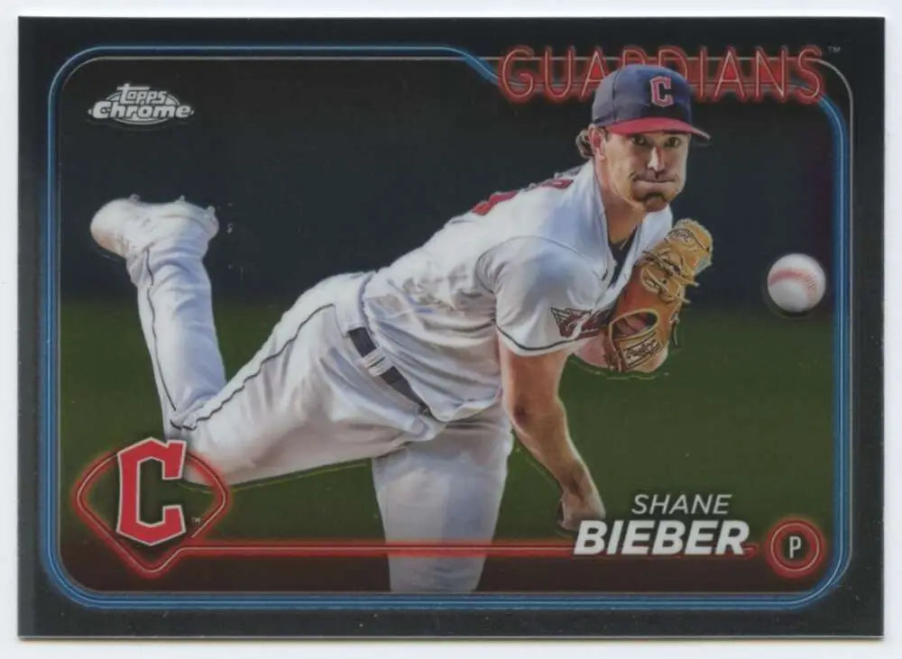 Shane Bieber delivers pitch in 2024 Topps Chrome Cleveland Guardians Baseball Card