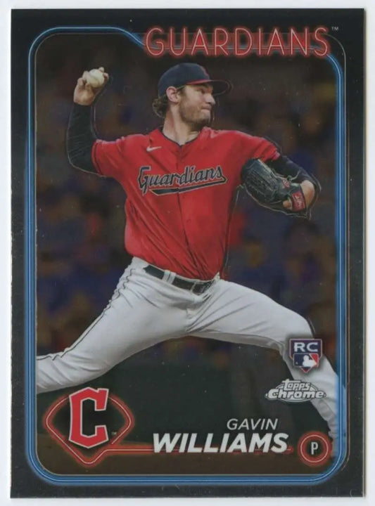 Baseball card of Gavin Williams pitching for the Cleveland Guardians in Topps Chrome