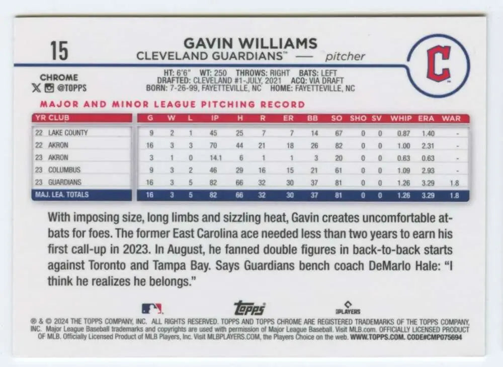 2024 Topps Chrome #15 Gavin Williams NM-MT RC Baseball Card for Cleveland Guardians