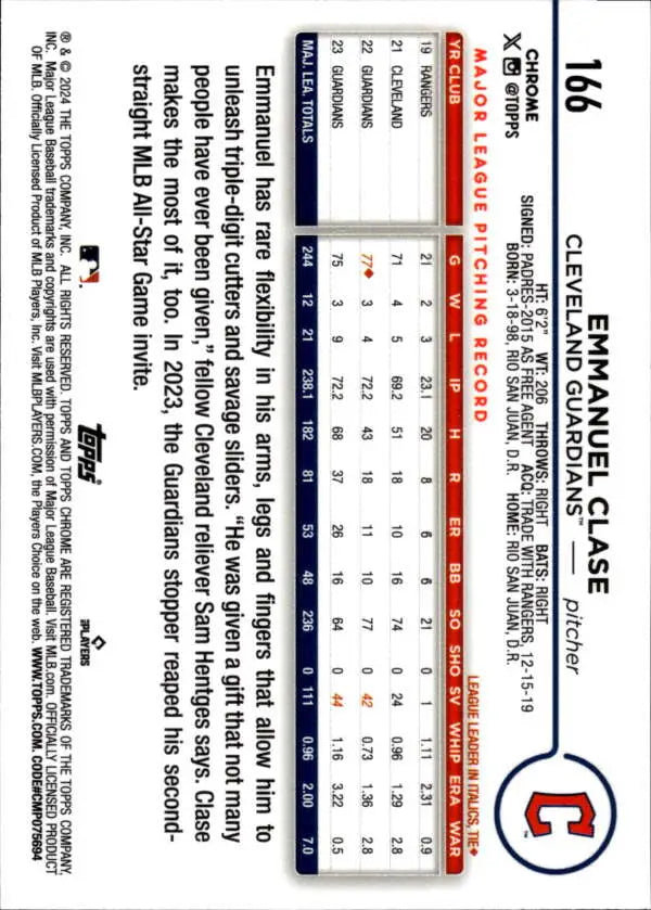 Baseball card featuring Emmanuel Clase statistics from the Cleveland Guardians