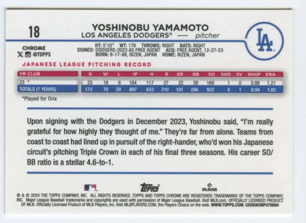 Yoshinobu Yamamoto 2024 Topps Chrome Rookie Card for Los Angeles Dodgers collectors