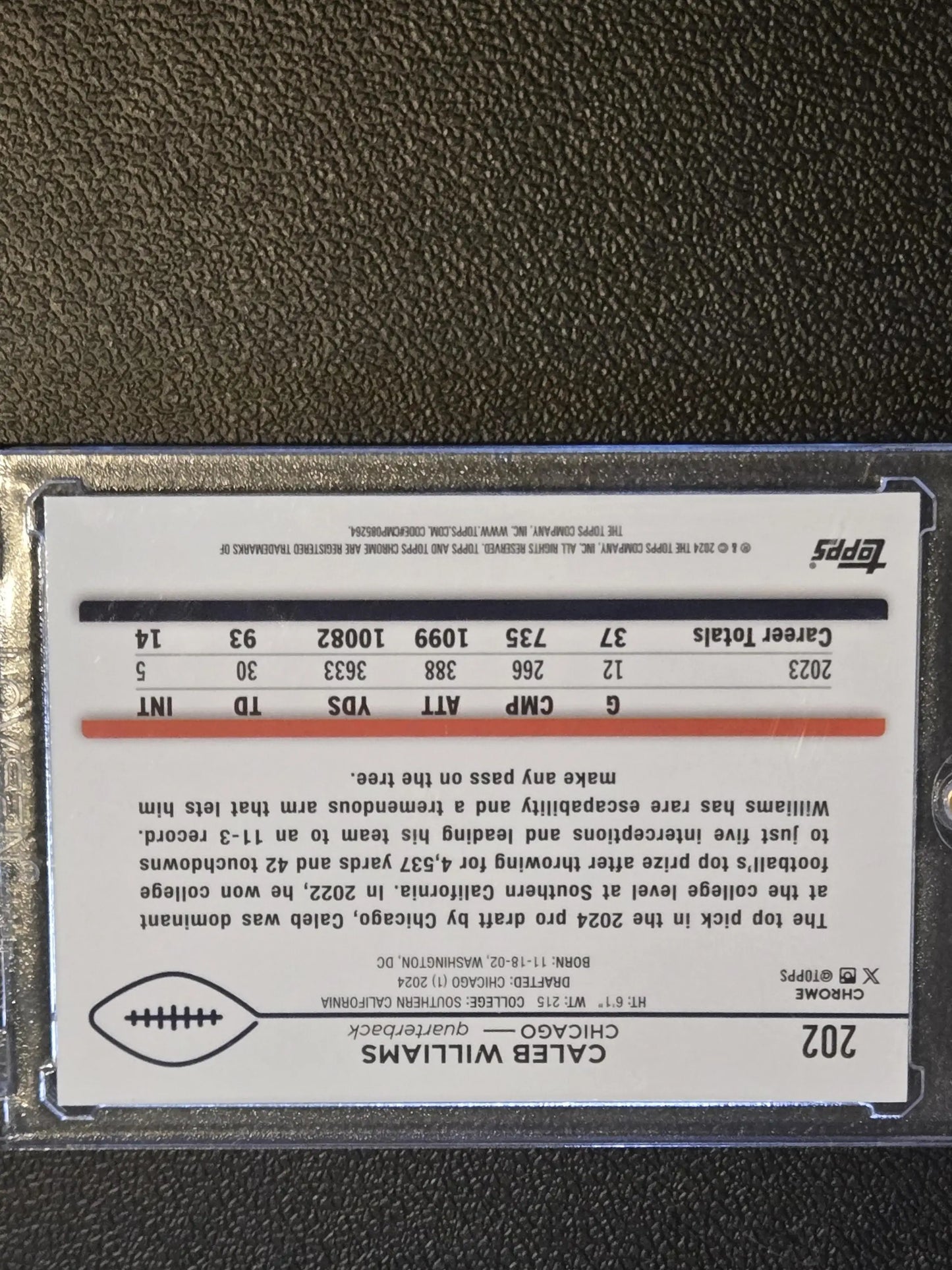 Vertical Caleb Williams football trading card from 2024 Topps Chrome series