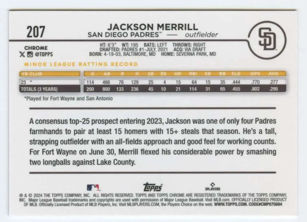 Baseball card featuring Jackson Merrill stats in 2024 Topps Chrome San Diego Padres design
