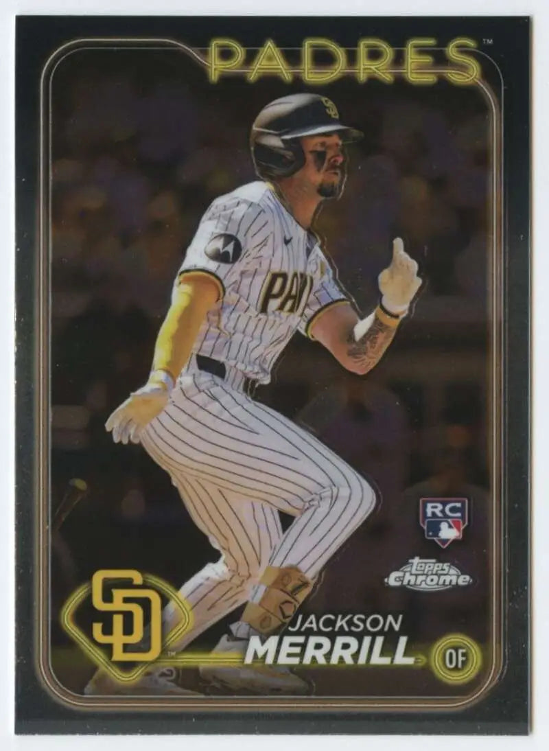 Topps Chrome baseball card of Jackson Merrill in pinstripe uniform running to first base