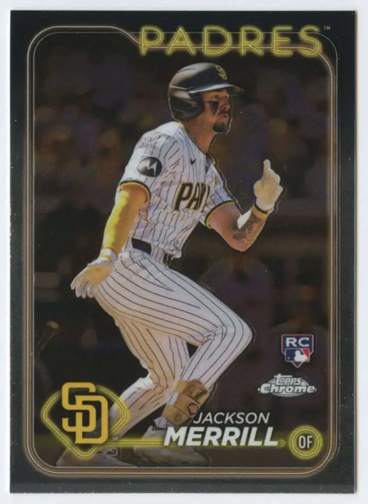 Topps Chrome baseball card of Jackson Merrill in pinstripe uniform running to first base