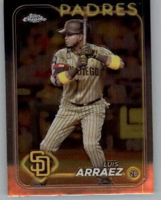 Luis Arraez San Diego Padres player in pinstripe uniform batting on baseball card