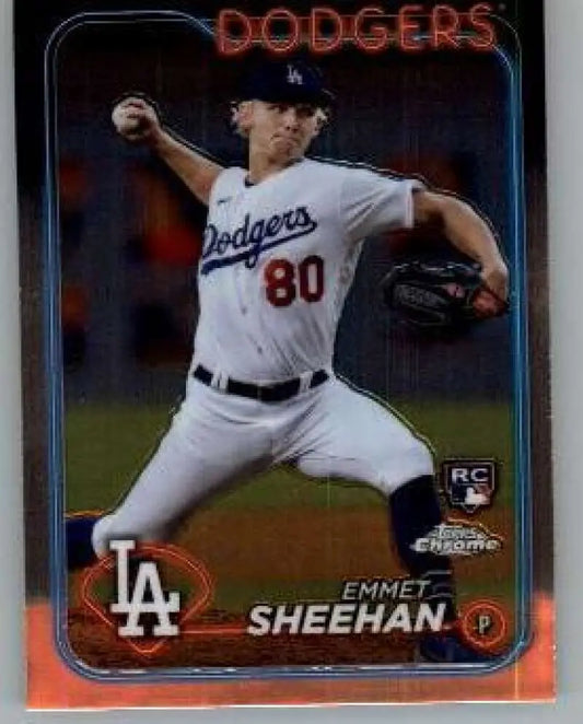 Emmet Sheehan in mid-throw on Topps Chrome rookie baseball card for Dodgers