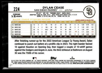 Baseball trading card featuring Dylan Cease from 2024 Topps Chrome Dylan Cease Prism Refractors