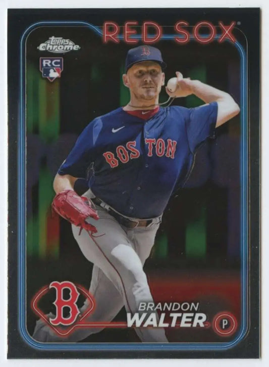 Boston Red Sox Topps Chrome Brandon Walter rookie card in navy uniform mid-delivery