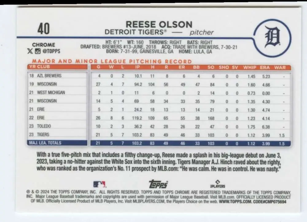 Back of Reese Olson Detroit Tigers rookie baseball card from 2024 Topps Chrome series