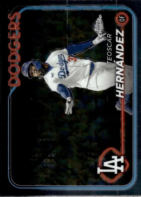 Teoscar Hernandez making a sliding catch on 2024 Topps Chrome Los Angeles Dodgers card