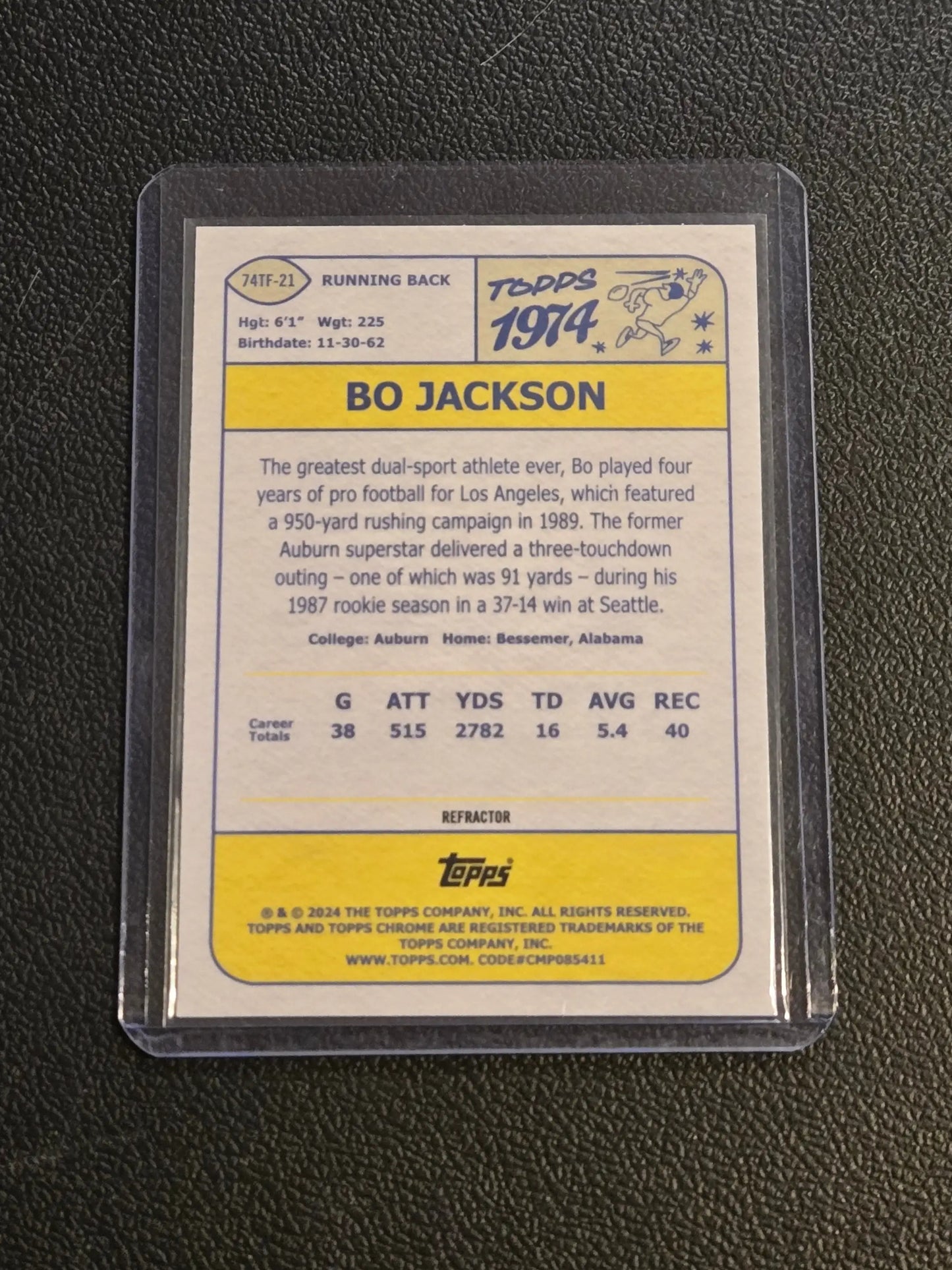 Bo Jackson 1974 Topps football card in protective sleeve, 2024 Topps Chrome football refractor