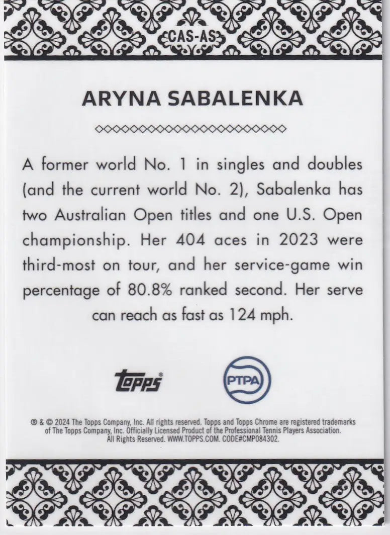 Trading card of Aryna Sabalenka with tennis stats in Topps Chrome Aces design