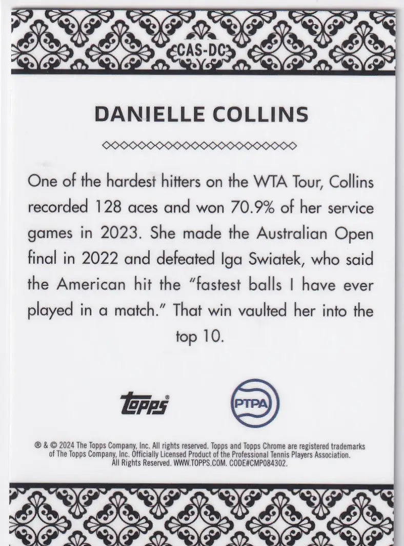 Trading card of Danielle Collins with stats from Topps Chrome Aces #CAS-DC