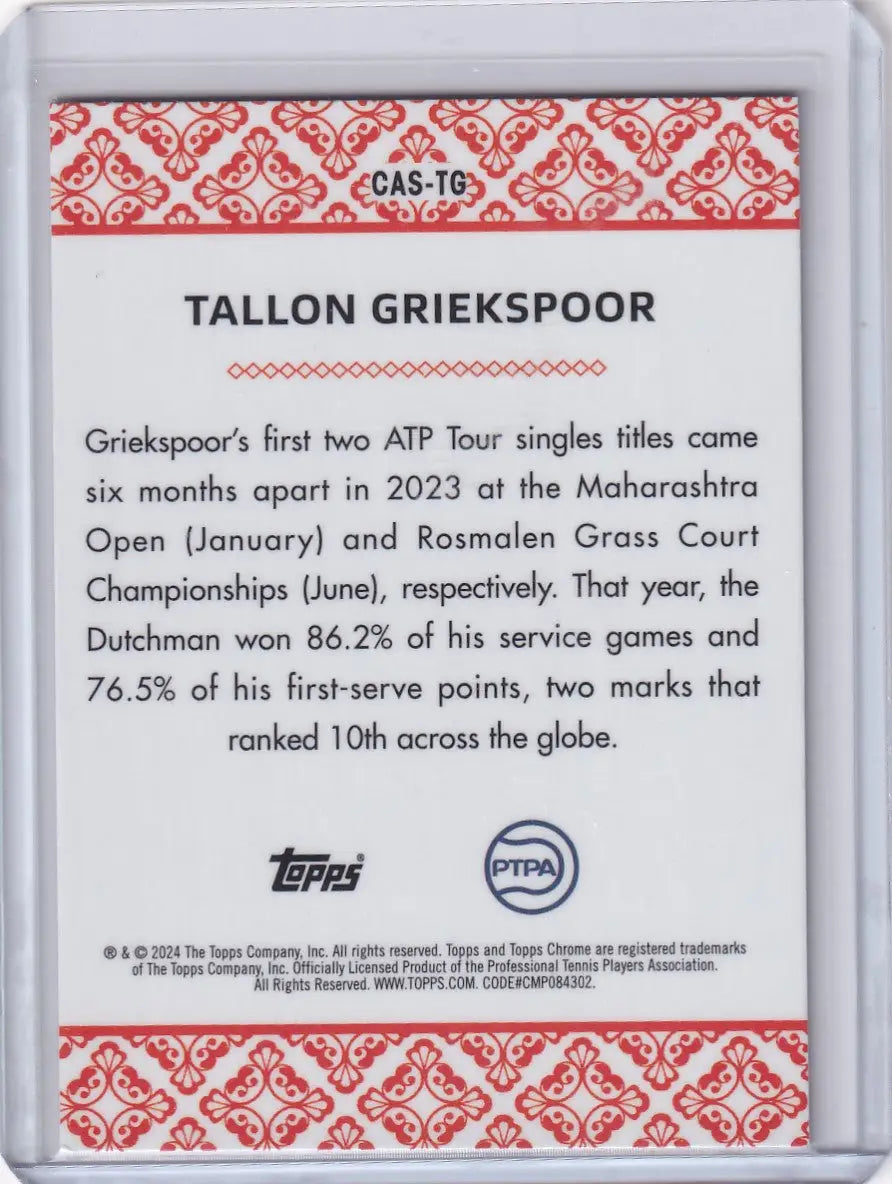 Trading card of Tallon Griekspoor from Topps Chrome Aces 2024 set
