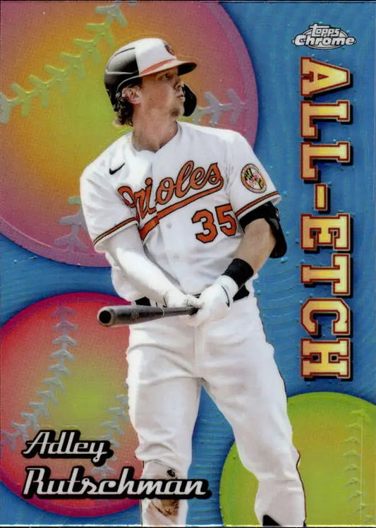Adley Rutschman Baltimore Orioles player card in white uniform, Topps Chrome design