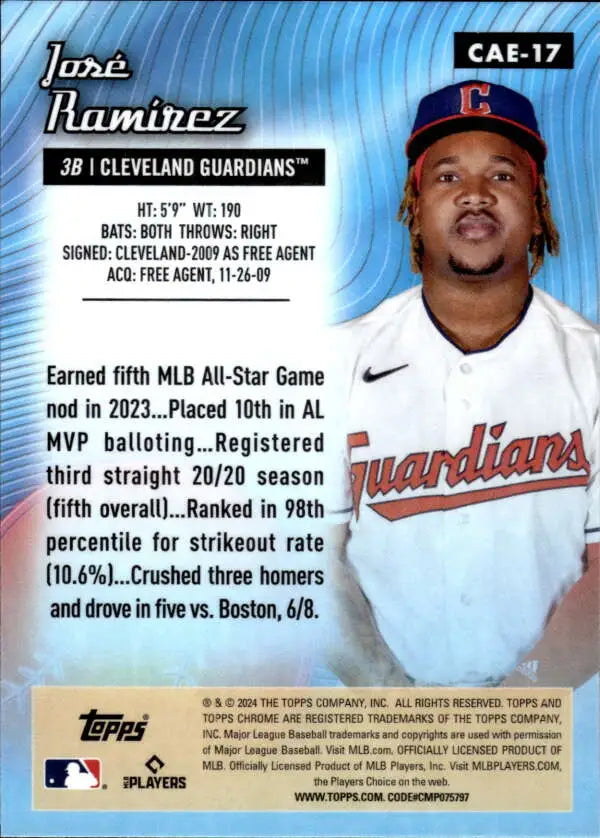 Cleveland Guardians baseball card of Jose Ramirez in team jersey and cap