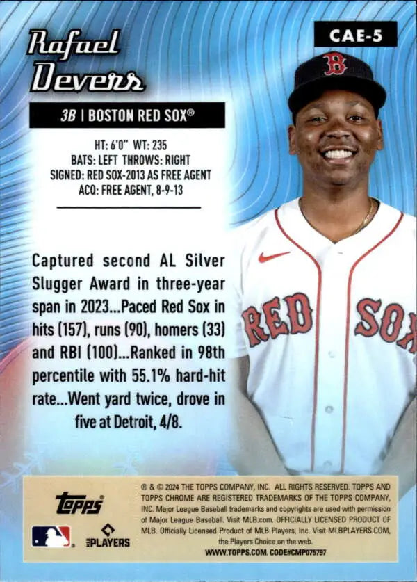 Baseball card of Rafael Devers in Boston Red Sox home jersey with red lettering