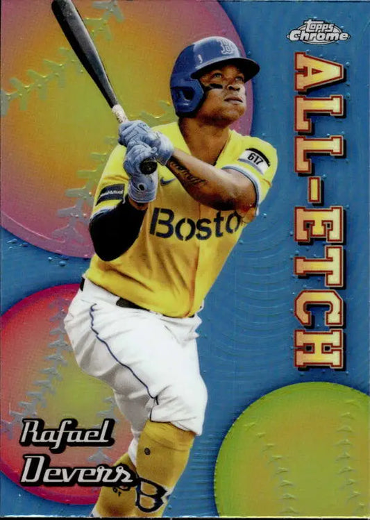 Baseball trading card of Rafael Devers in yellow jersey for Boston Red Sox collectors