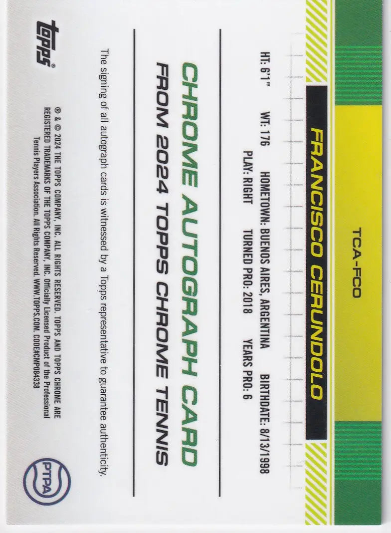 Chrome Autograph card from Francisco Cerundolo with yellow and green borders, Topps Chrome Auto