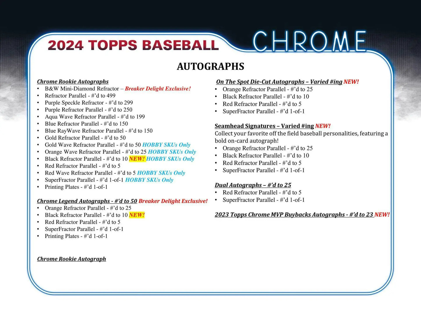 2024 Topps Chrome Baseball Autographs checklist with red, black refractors, superfractor parallels