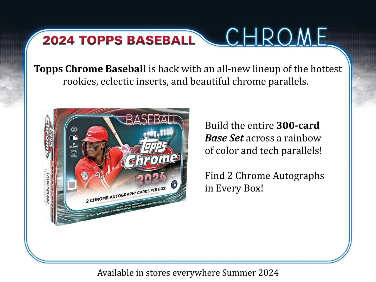 2024 Topps Chrome Baseball cards advertisement featuring red refractor black refractor and superfractor parallels