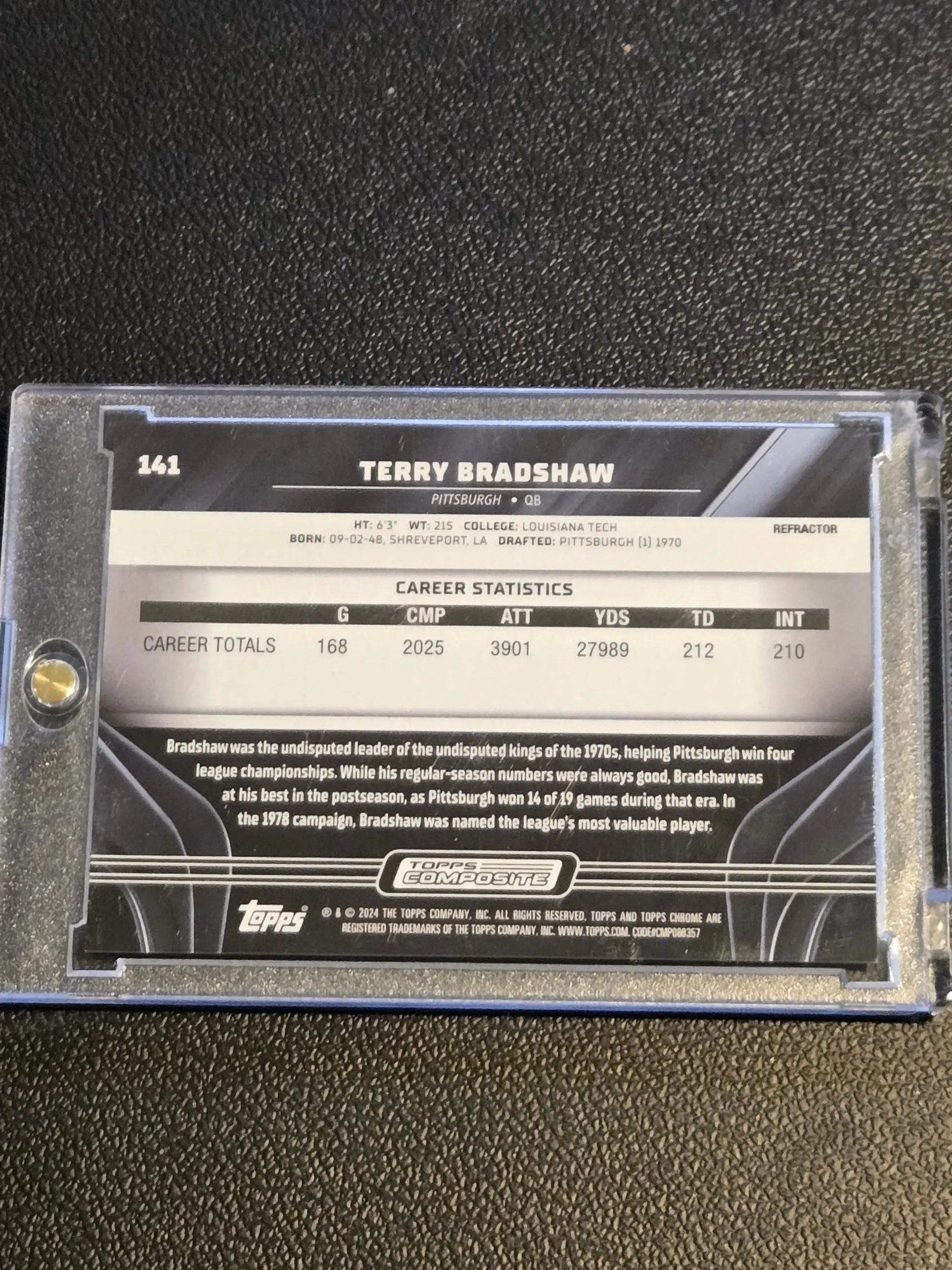 Tops Chrome Black Terry Bradshaw Refractor football card 068/199 displayed in product image