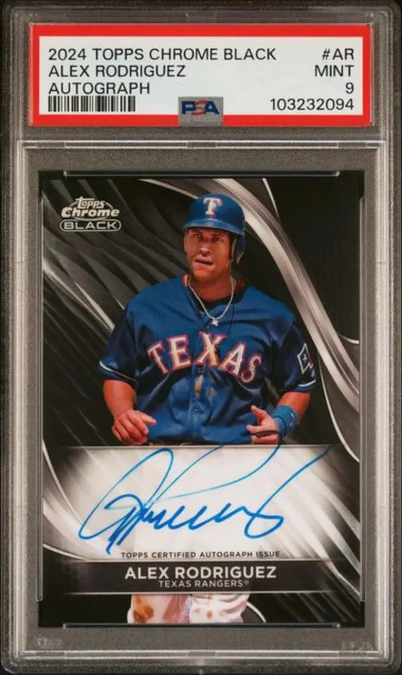 Graded Alex Rodriguez autographed baseball card from 2024 Topps Chrome Black Texas Rangers