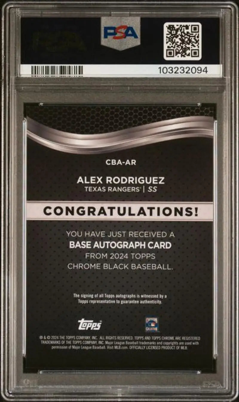 Graded Alex Rodriguez Texas Rangers Baseball Card 2024 Topps Chrome Black PSA 9 Mint Auto
