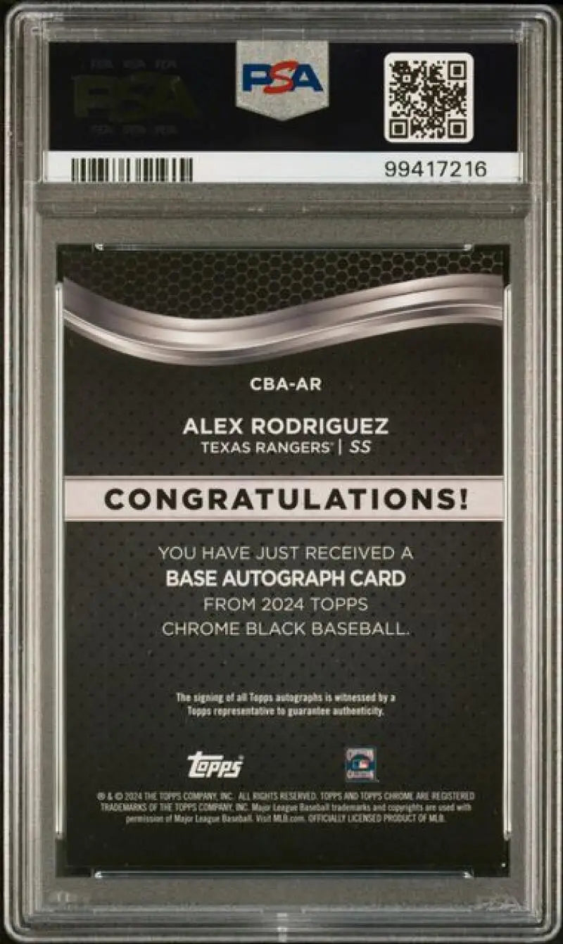 Graded Alex Rodriguez baseball card from 2024 Topps Chrome Black featuring PSA 9 Mint auto